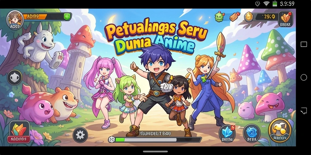 Tangkapan layar gameplay ADI99 menampilkan pertarungan karakter anime yang epik.