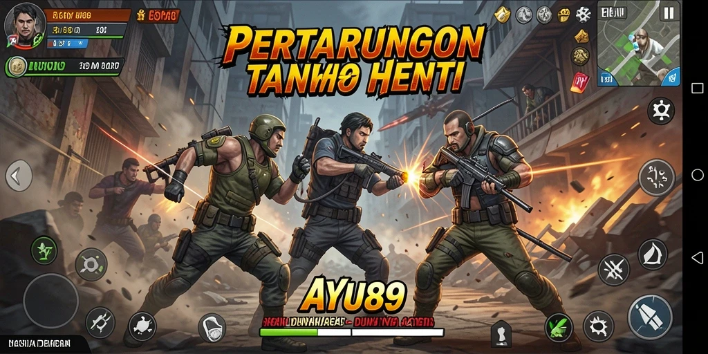 Screenshot utama AYU89 menampilkan aksi menggetarkan di lapangan pertempuran.