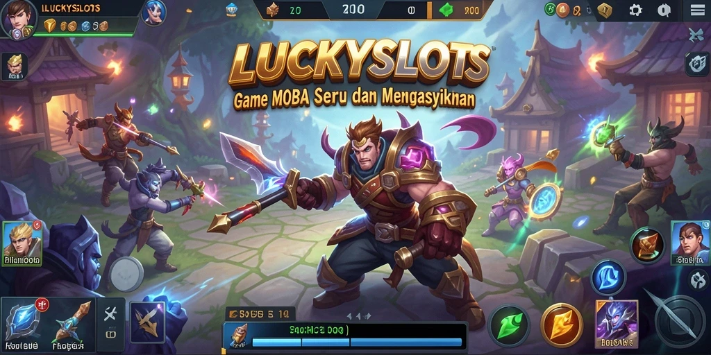 Tampilan in-game LUCKYSLOTS menunjukkan aksi pertempuran seru di arena MOBA.