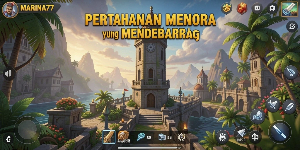 Tampilan gameplay mendebarkan dari MARINA77 dengan menara pertahanan yang strategis.
