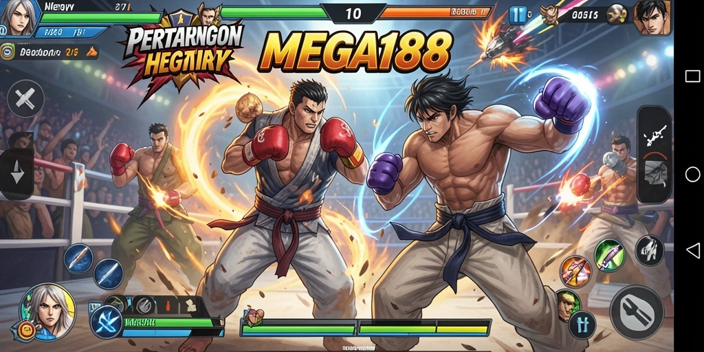 Screenshot gameplay MEGA188 yang menunjukkan pertarungan seru dan karakter unik.