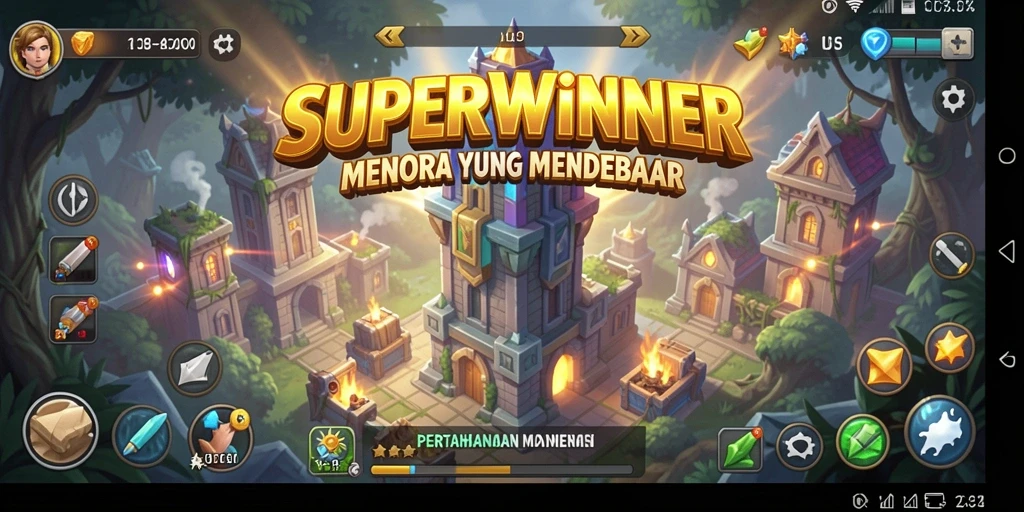Screenshot utama menunjukkan pertahanan menara yang menegangkan dalam SUPERWINNER.